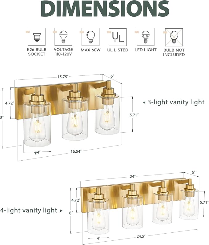 METWET 3-Light Bathroom Light Fixtures, Brushed Gold Vanity Light