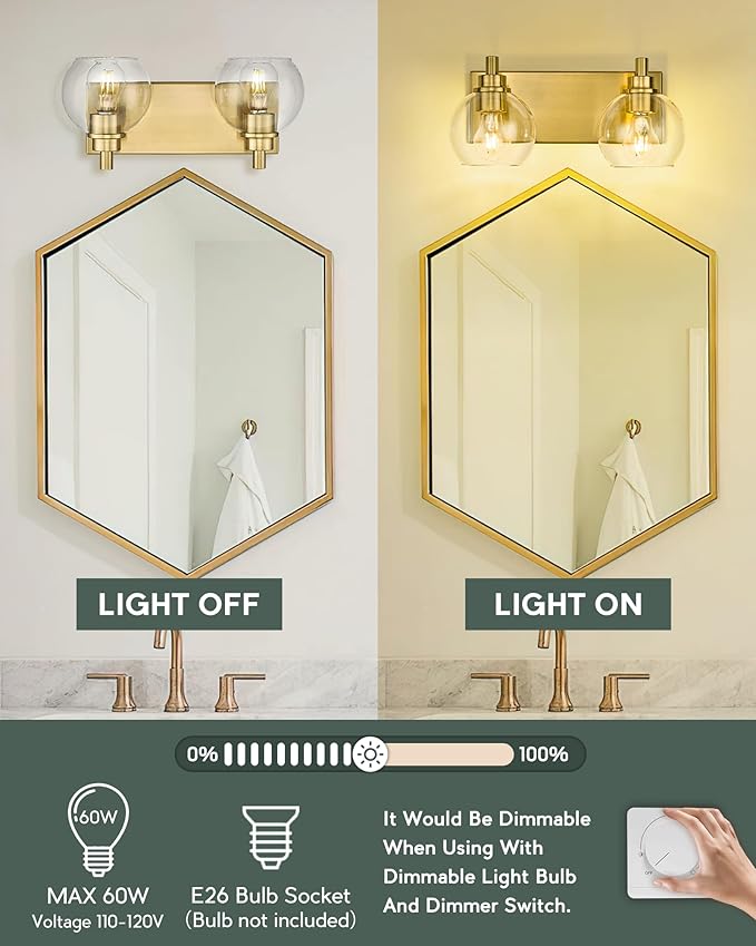 METWET Bathroom Light Fixtures, 2 Light Brushed Gold Vanity Light, Modern Wall