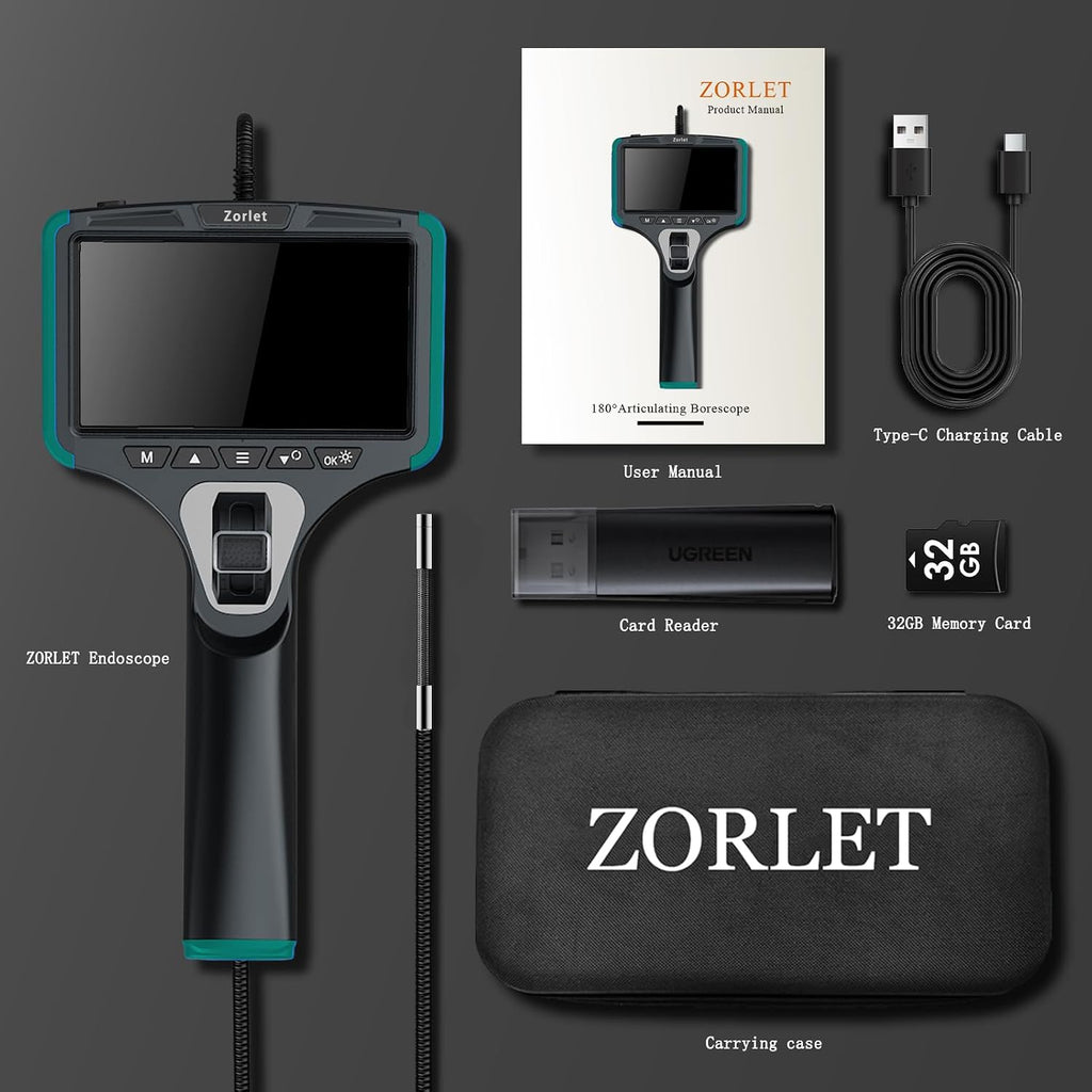 2-way articulating borescope, 0.25in/6.3mm probe, 5" screen, 5ft, view 10