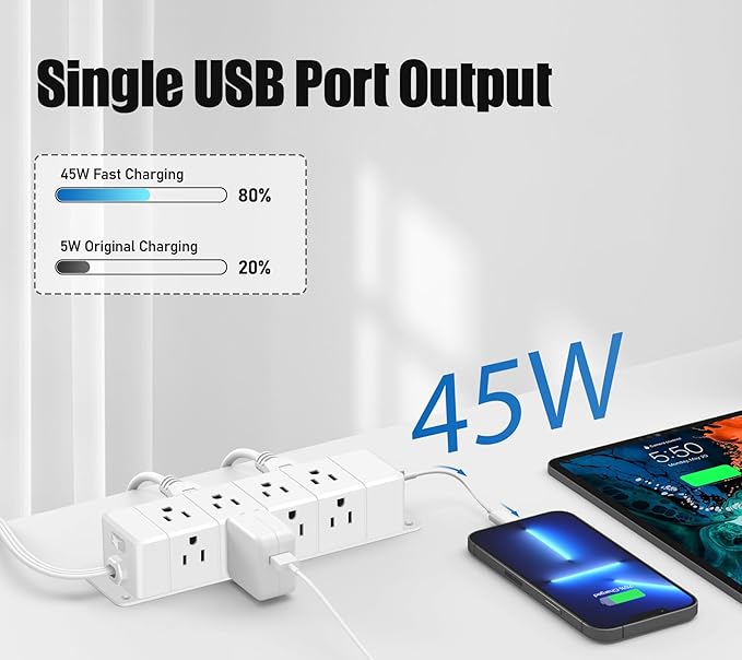 45W USB-C Fast Charging Under Desk Power Strip, 12 Outlet Mountable Power Strip