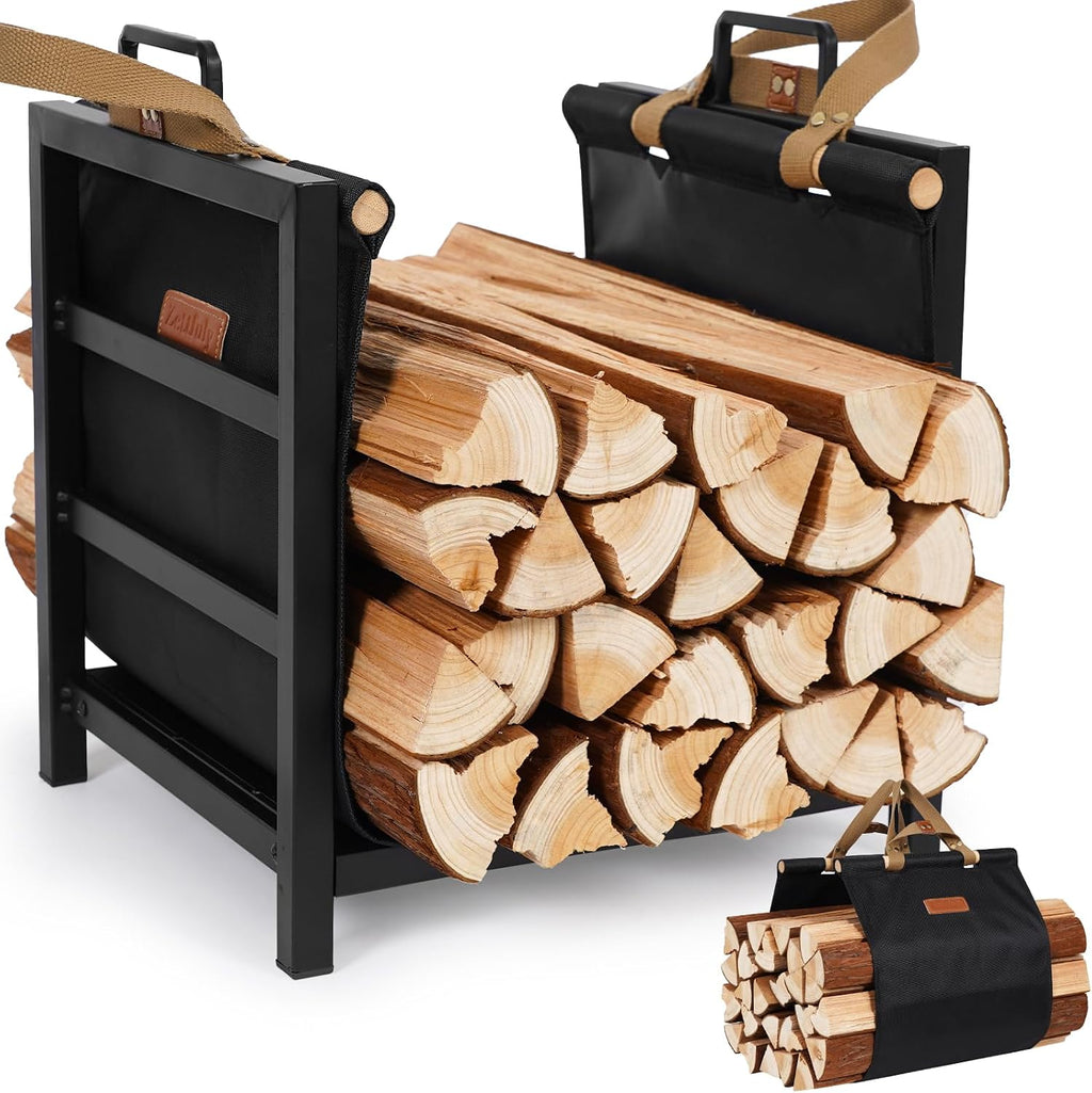 Firewood Rack Indoor Outdoor with Firewood Carrier, Fireplace Wood Log Holder Heavy Duty Metal, Indooor Firewood Holder for Fireplace Wood Storage, 16 inch, Black