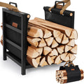 Firewood Rack Indoor Outdoor with Firewood Carrier, Fireplace Wood Log Holder Heavy Duty Metal, Indooor Firewood Holder for Fireplace Wood Storage, 16 inch, Black