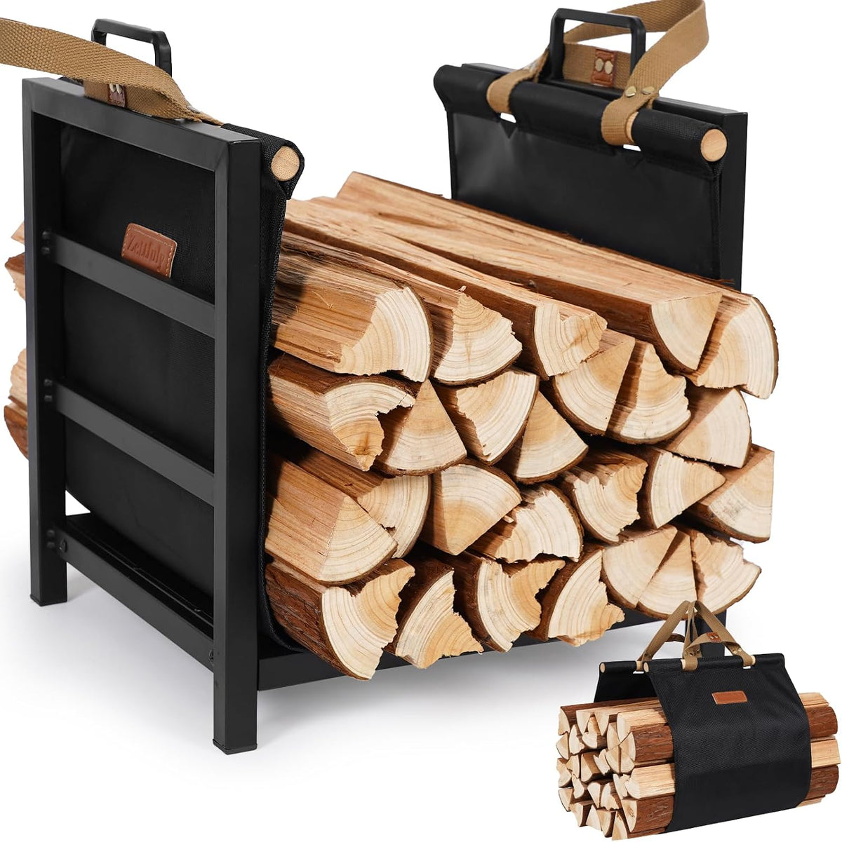 Firewood Rack Indoor Outdoor with Firewood Carrier, Fireplace Wood Log Holder Heavy Duty Metal, Indooor Firewood Holder for Fireplace Wood Storage, 16 inch, Black