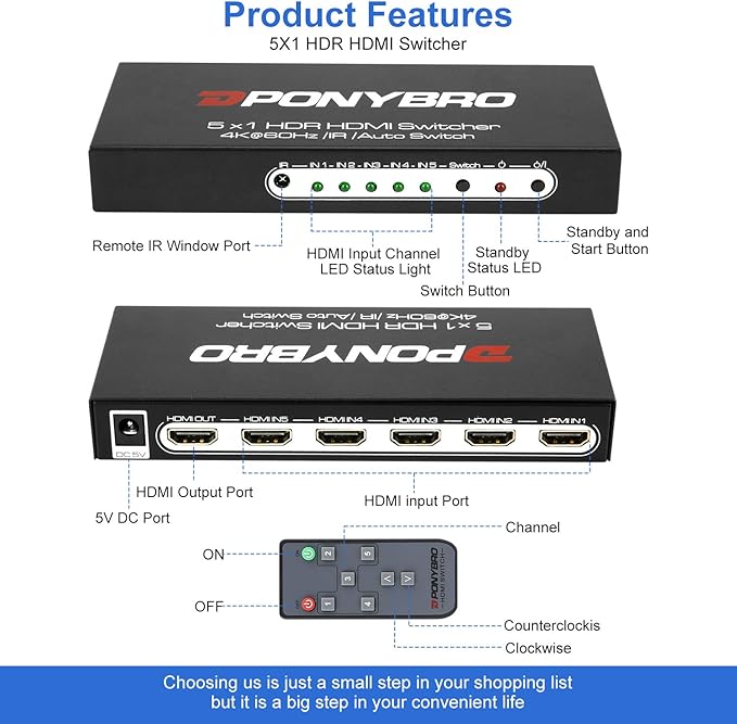 PONYBRO HDMI 2.0 Switch 5 Port 4K@60Hz Auto-Switching – 5 in 1 Out