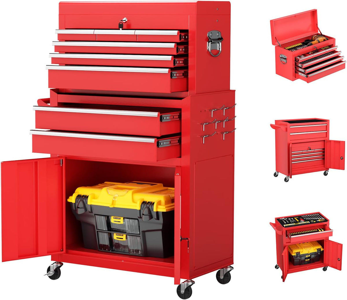 Crownland 8 Drawer Rolling Tool Chest with Wheels, Red