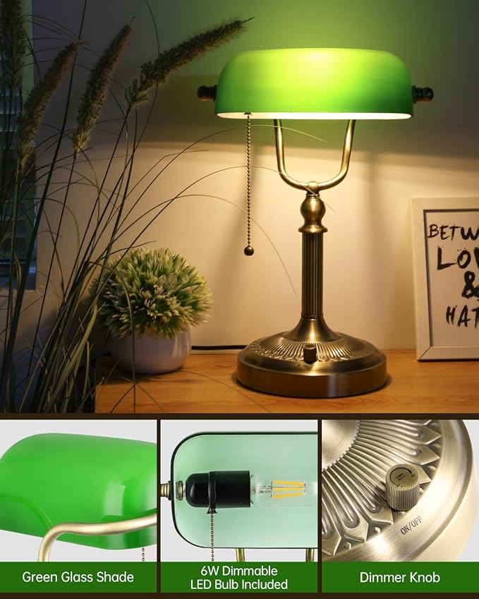 Newrays Green Glass Bankers Desk Lamp, Stepless Dimmable Table Lamp Plug in