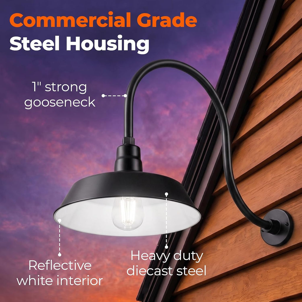 14in. satin black outdoor gooseneck barn light fixture showing dimensions