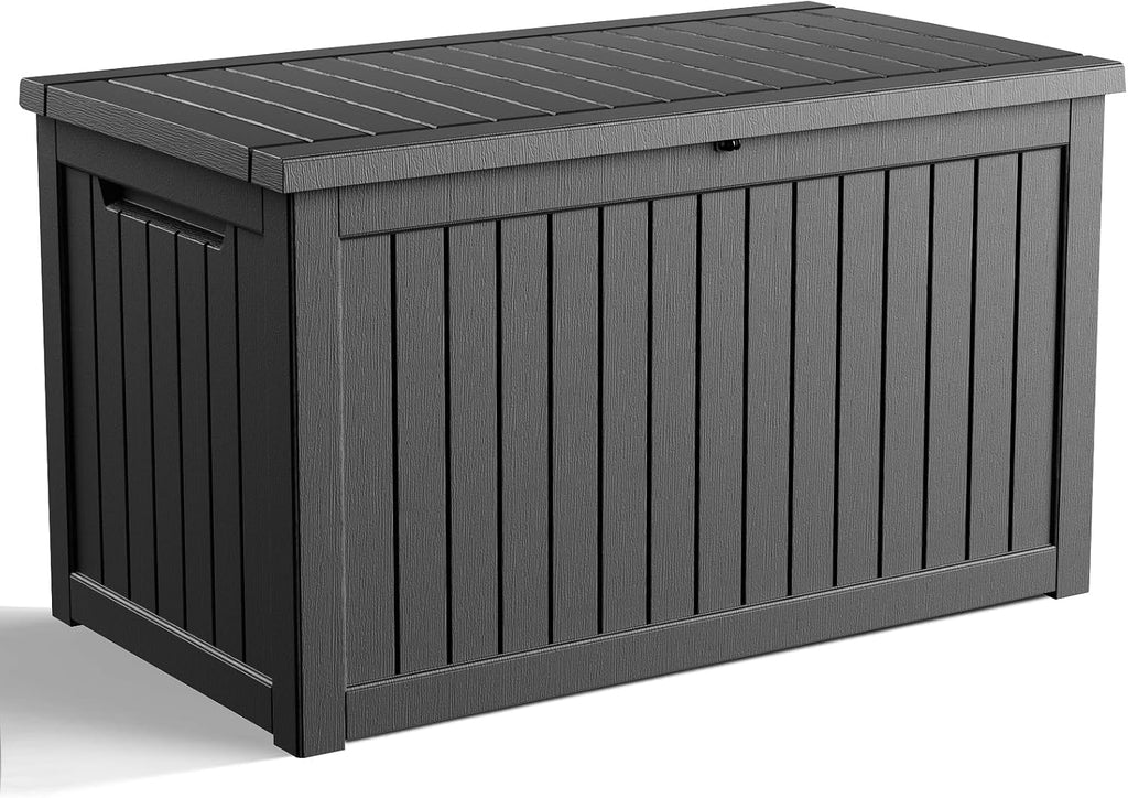 deck box large outdoor storage for patio furniture shown in use