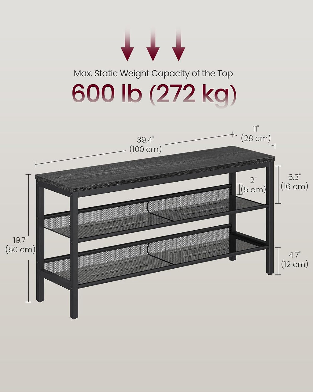 vasagle 3 tier shoe rack bench, one piece, close-up detail