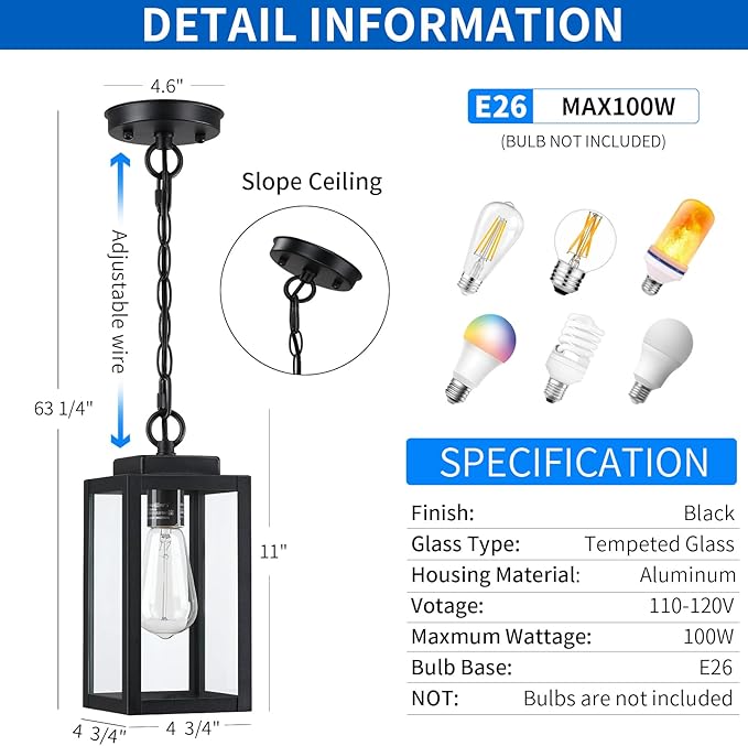 MYHXQ 11'' Outdoor Pendant Light, Modern Outside Chandelier Outdoor Hanging