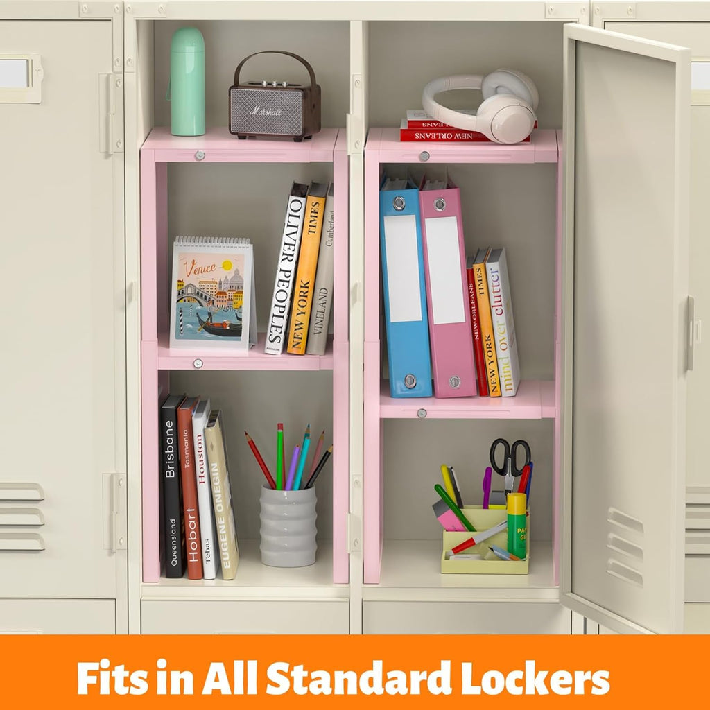 lidtop locker organizer shelf pink, metal adjustable width shown in use