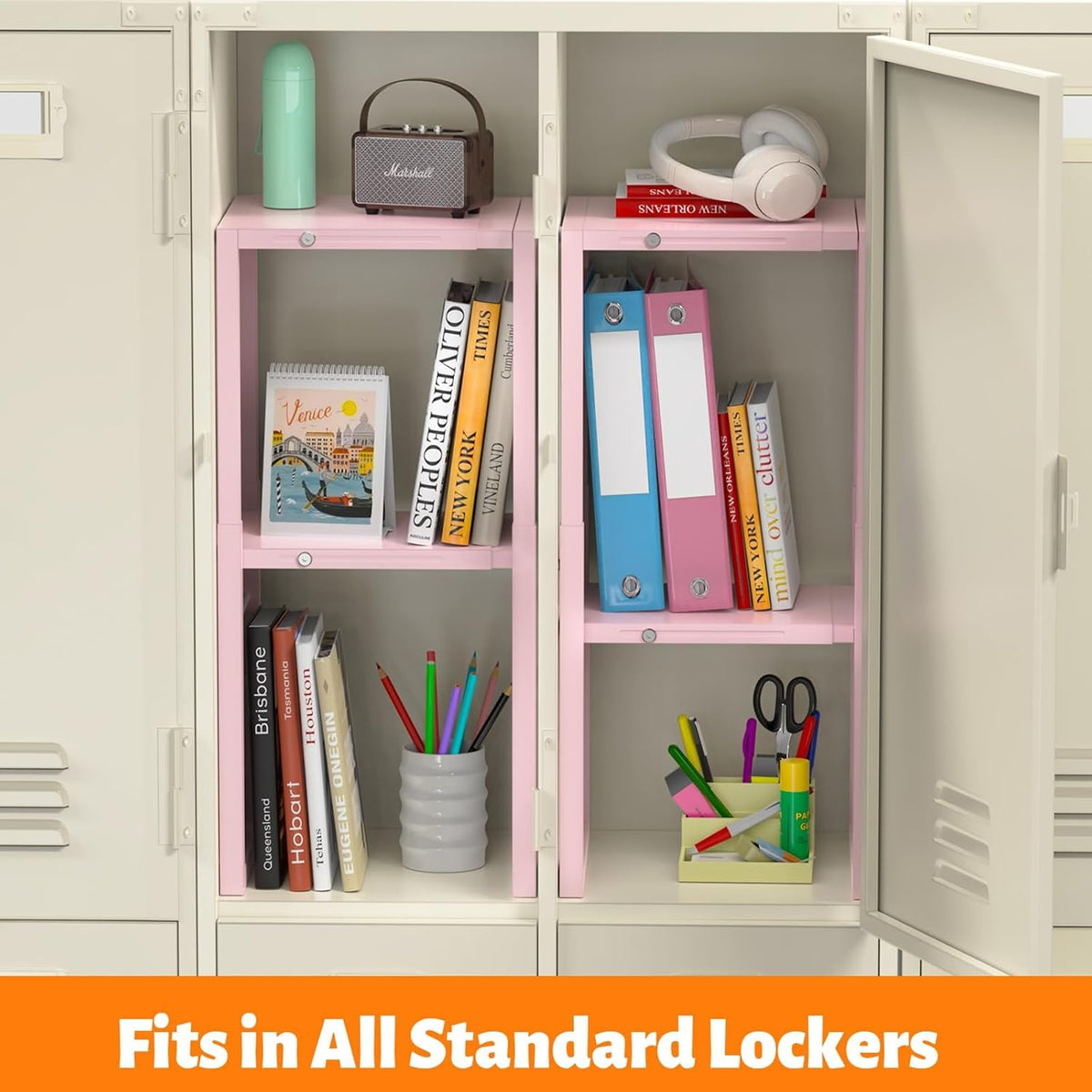 lidtop locker organizer shelf pink, metal adjustable width shown in use