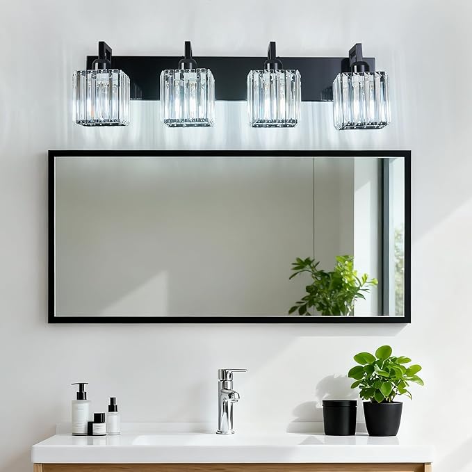 FDPBY Modern Bathroom Vanity Light 4-Lights Plating Black Vanity Light Crystal