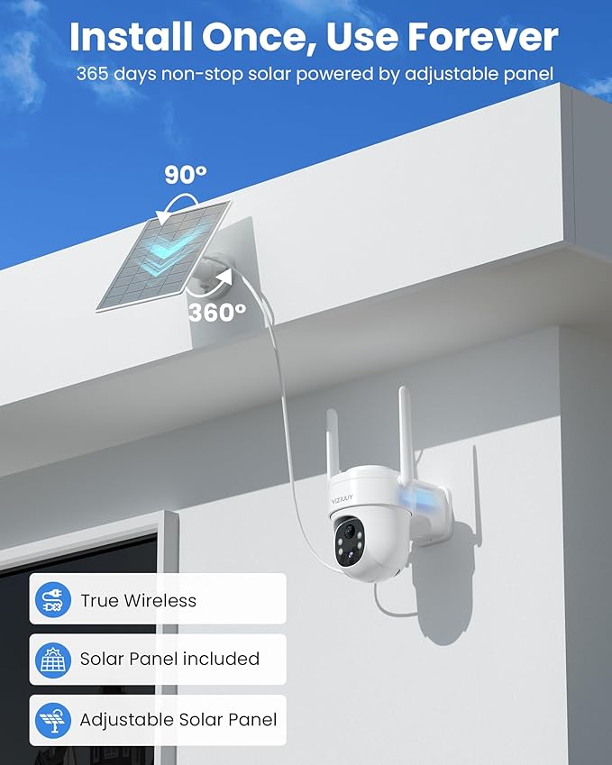 VIZIUUY Solar Security Cameras Wireless Outdoor, 3MP Pan Tilt 360°WiFi Camera