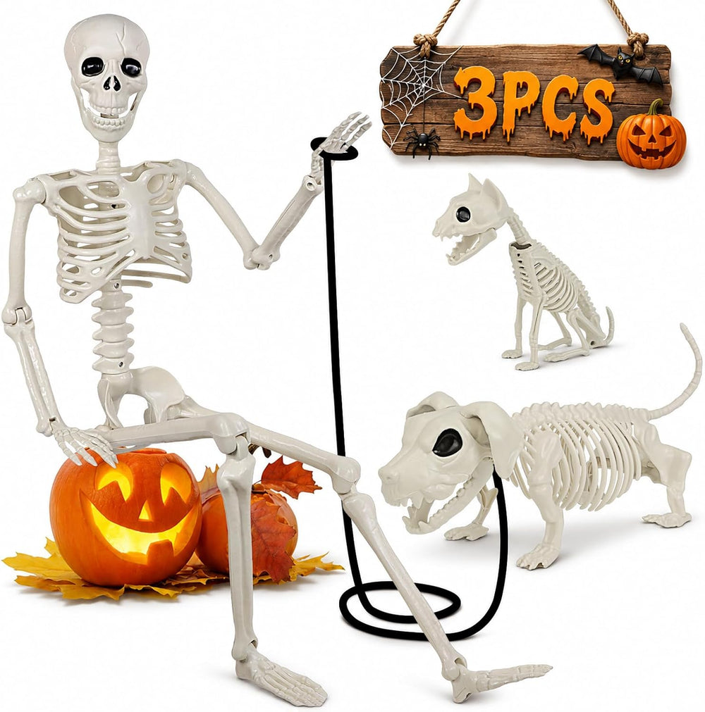 36" Halloween Skeleton Decorations - 3FT Posable Skeleton with Dog &...