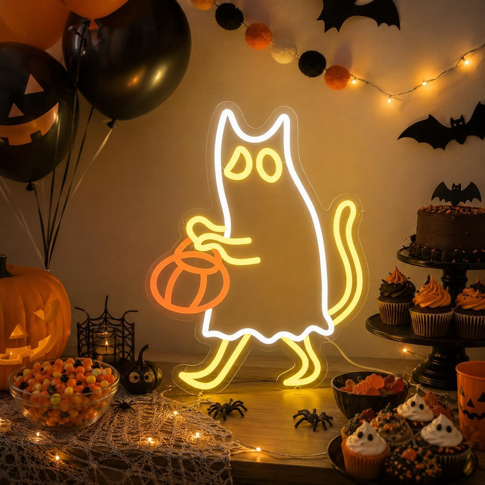 Halloween Neon Sign Ghost Cat Neon Light for Wall Decor