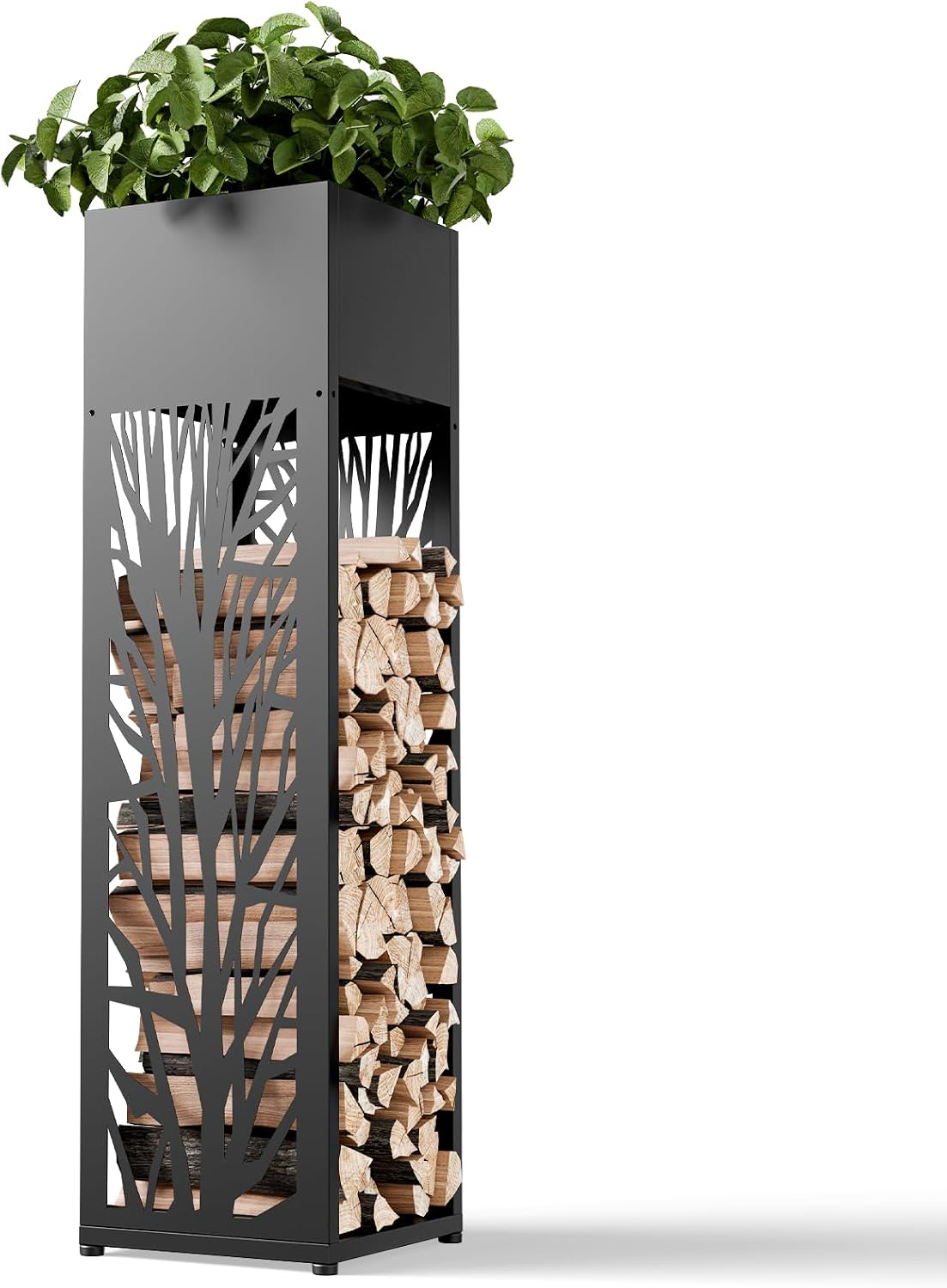 12" Firewood Rack Outdoor with Planter & Reinforced Bottom, Black
