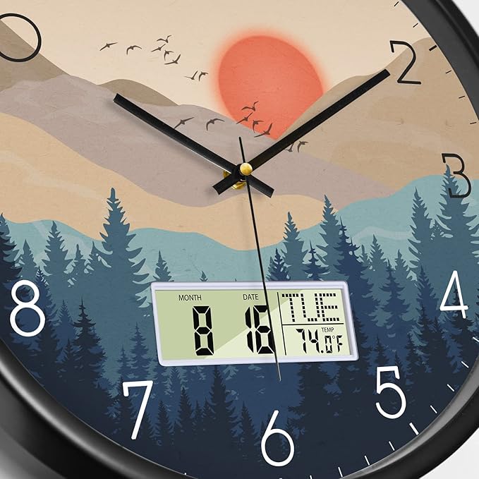Silent Wall Clock with Day Week Temperature Wilderness with Sunset Non-ticking