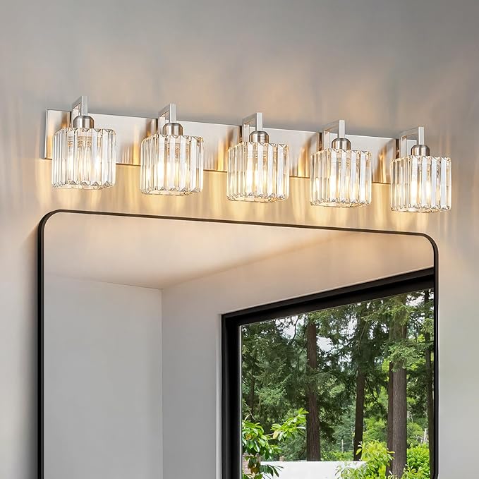 FDPBY Modern Bathroom Vanity Light 5-Lights Brushed Nickel Vanity Light Crystal