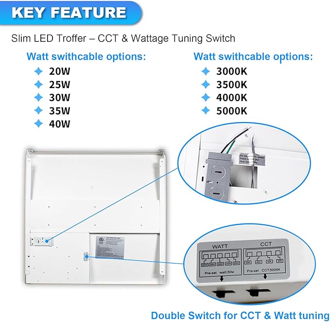 Cortelco 2x2 LED Troffer Light-20W/25W/30W/35W/40W, 4 CCT Selectable (2 Pack)