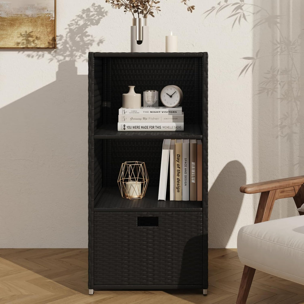 Aoxun Outdoor Towel Cabinet, Pool Accessory Storage Organizer, Freestanding Waterproof PE Rattan Wicker Shelf, 2 Layer with 1 Bottom Drawer for Pool, Patio, Outdoor, Indoor, Black