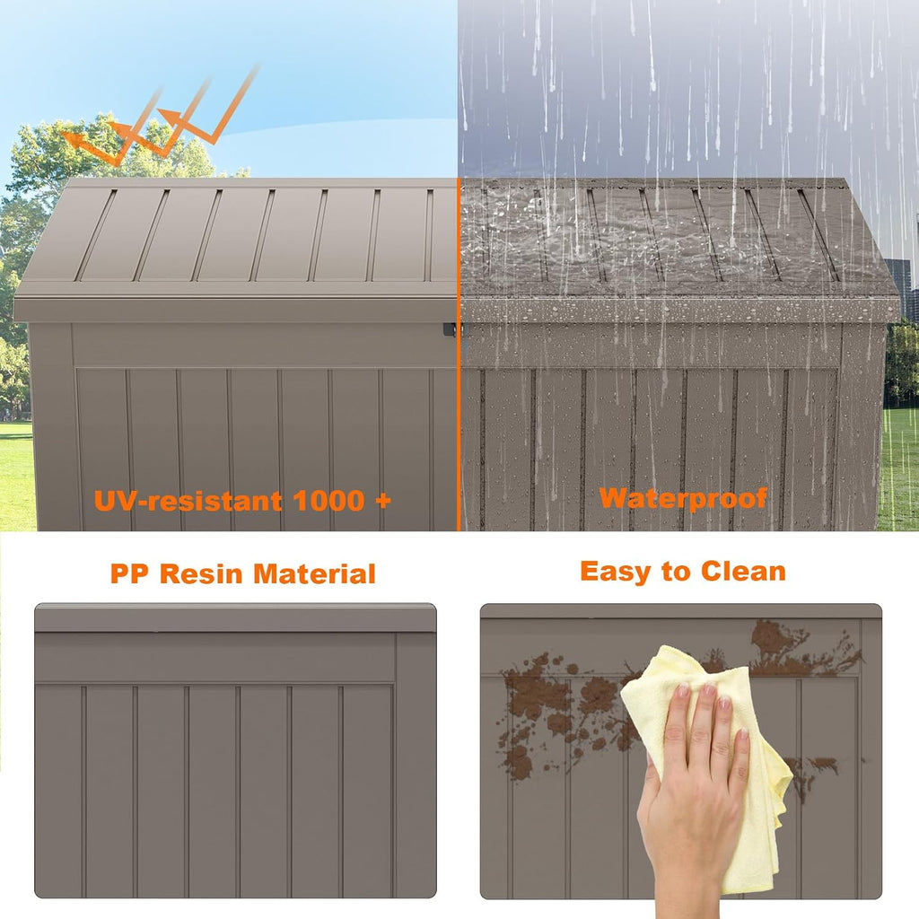 280 gallon outdoor storage box waterproof, resin lockable showing dimensions