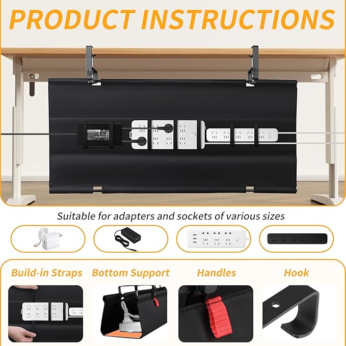 SUREUP9 No Drill Under Desk Cable Management Tray, Fabric Cable Management