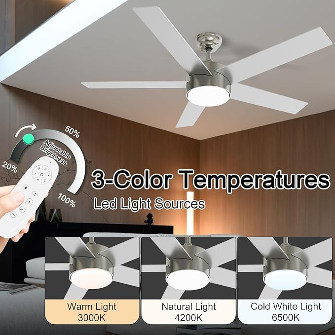 POCHFAN 52 Inch Brushed Nickel Ceiling Fans