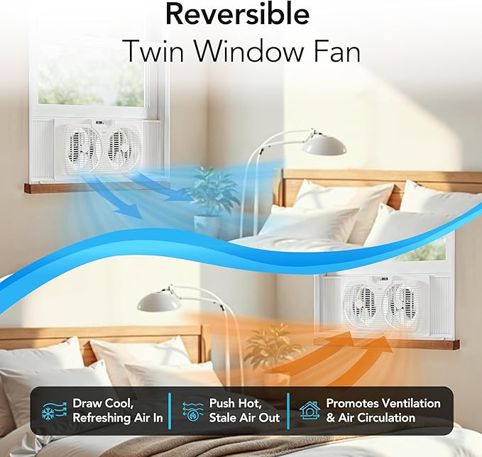 Comfort Zone Window Fan for Bedroom, 9 inch 3 Speed Dual Fans