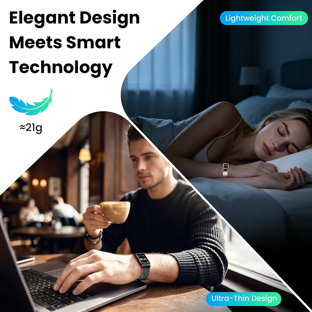 fitness tracker with heart rate & sleep tracking shown in use