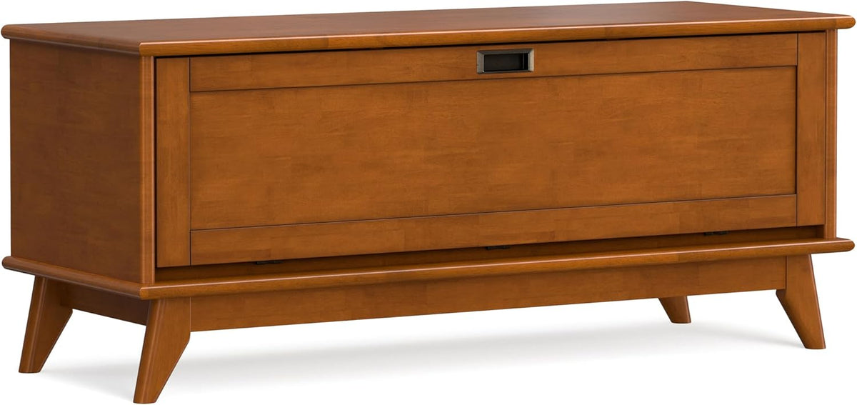 SIMPLIHOME Draper 44" Wide Solid Wood Trunk Bench in Teak Brown