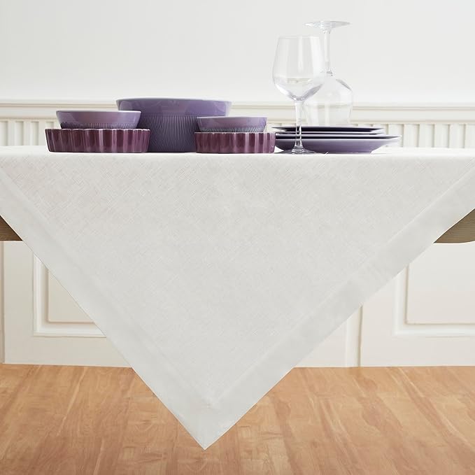 Solino Home Linen White Square Tablecloth 52 x 52 Inch - 100% Pure Linen Table Throw - Fete, Machine Washable Table Cloth for Fall, Autumn, Halloween, Thanksgiving, Christmas, Holiday