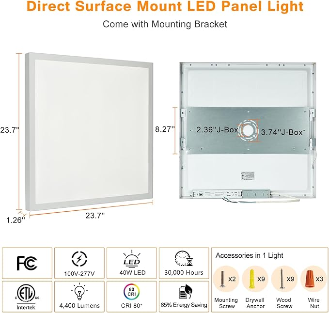Mcacggo 2x2 FT LED Flat Panel Light Surface Mount Dimmable & 3000K/4000K/5000K (4-Pack)
