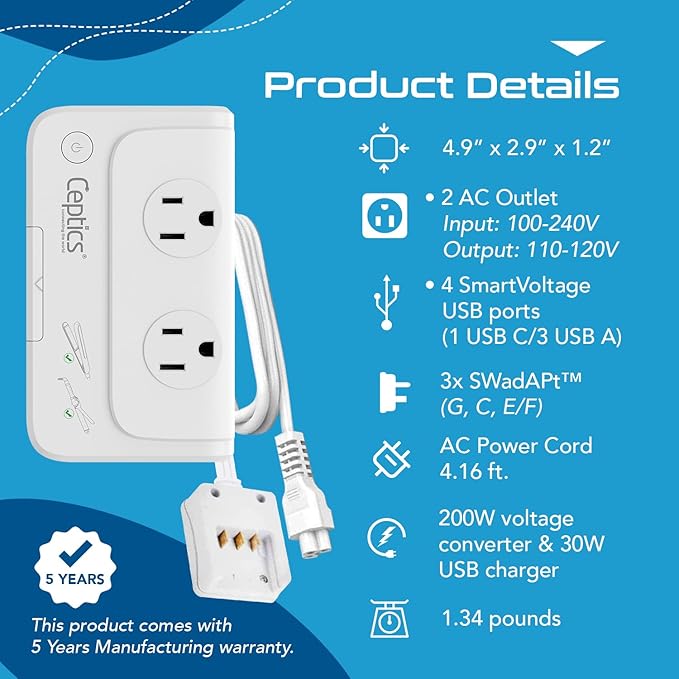 Ceptics European Travel Voltage Converter, 200W Adapter