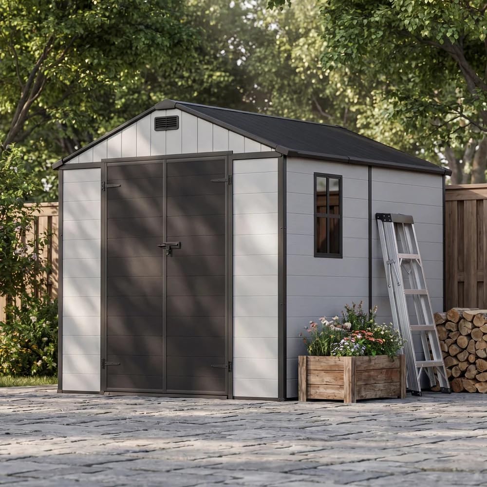 Patiowell 8x8 FT Plastic Outdoor Storage Shed with Floor, Light Gray