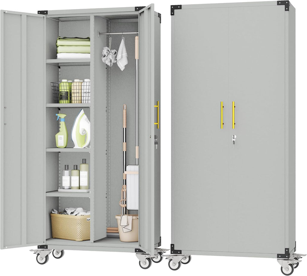 pozdeg 71" Rolling Lockable Metal Broom Closet Storage Cabinet, Grey White