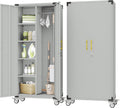 pozdeg 71" Rolling Lockable Metal Broom Closet Storage Cabinet, Grey White