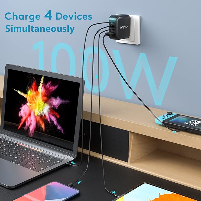 MINIX NEO P3 100W Turbo 4-Port GaN Wall Charger, 3 x USB C port Fast Charging