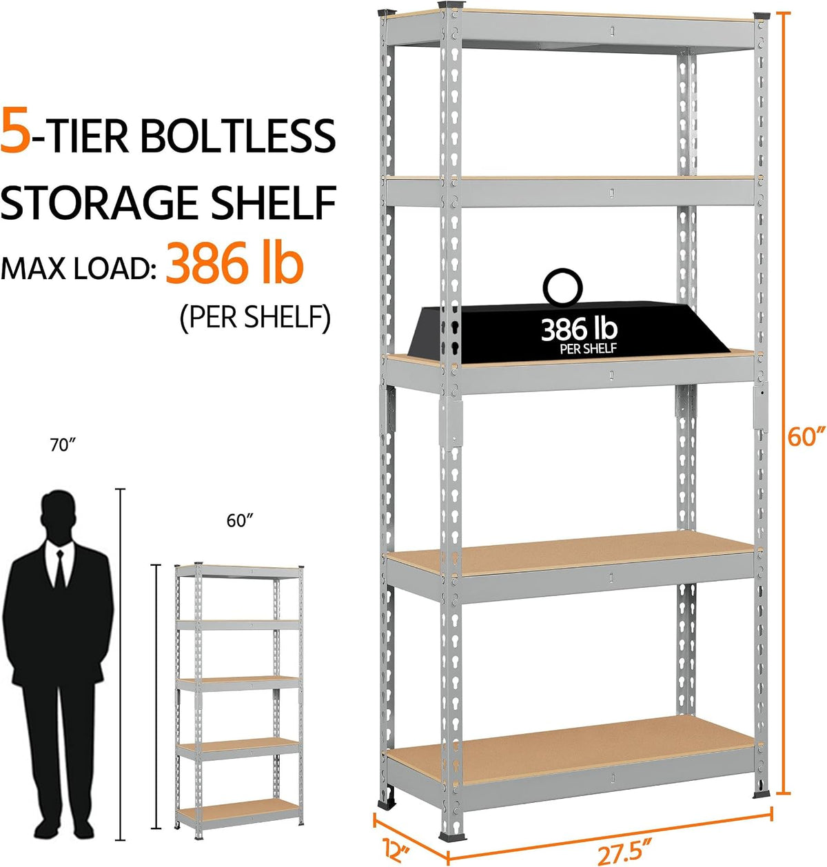 Topeakmart 2 Pack 5-Tier Metal Storage Shelves for Garage 28x12x60in Light Gray