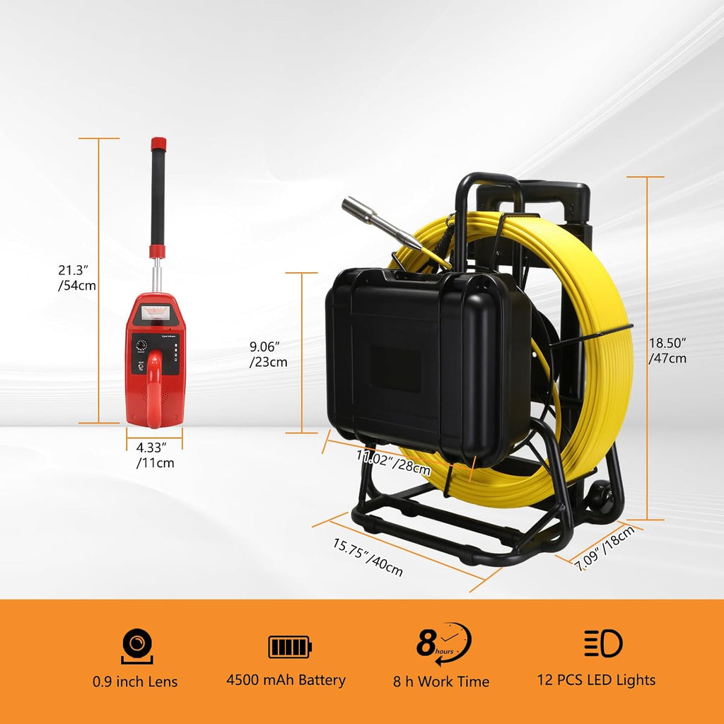 sewer camera with locator,self leveling,165ft/50m,retractable handle,7mm cable,9'' ips, front angle view