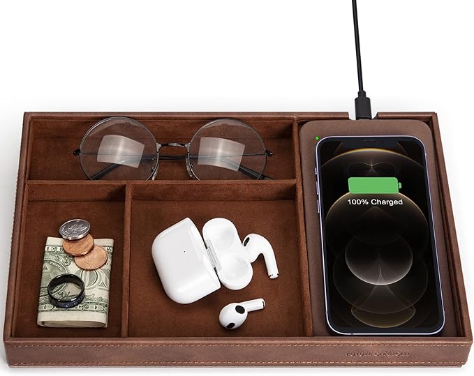 Valet Tray, Built in Wireless Charging Pad, Nightstand Organizer, Dresser