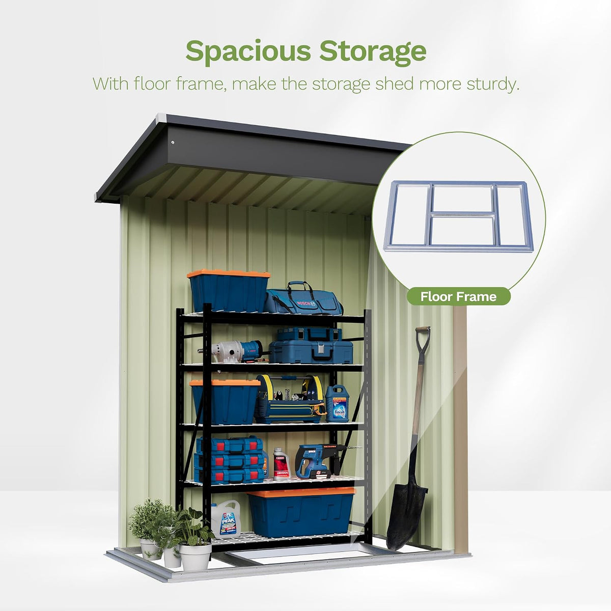 patiowell 5x3 ft outdoor storage shed with floor, close-up detail