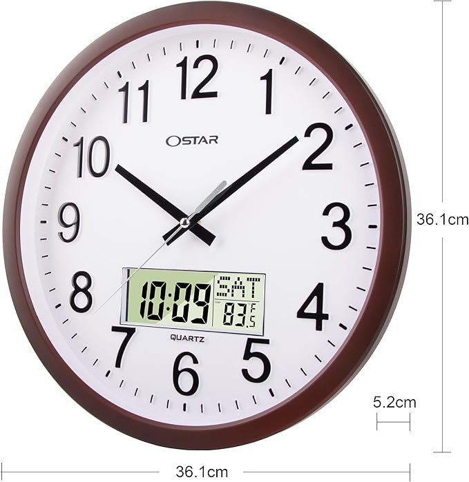 OSTAR 14" Large Analog Digital Display Wall Clock Silent Non-Ticking, Day of