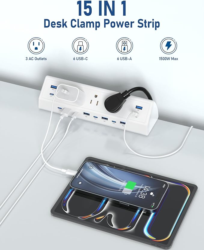 Jgstkcity 130W Desk Clamp Power Strip, 12 USB Ports, Surge Protector, ETL