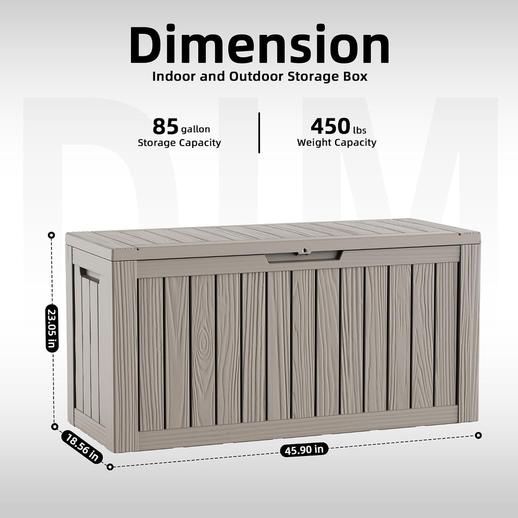 patiozen 85 gallon deck box outdoor, weatherproof resin shown in use