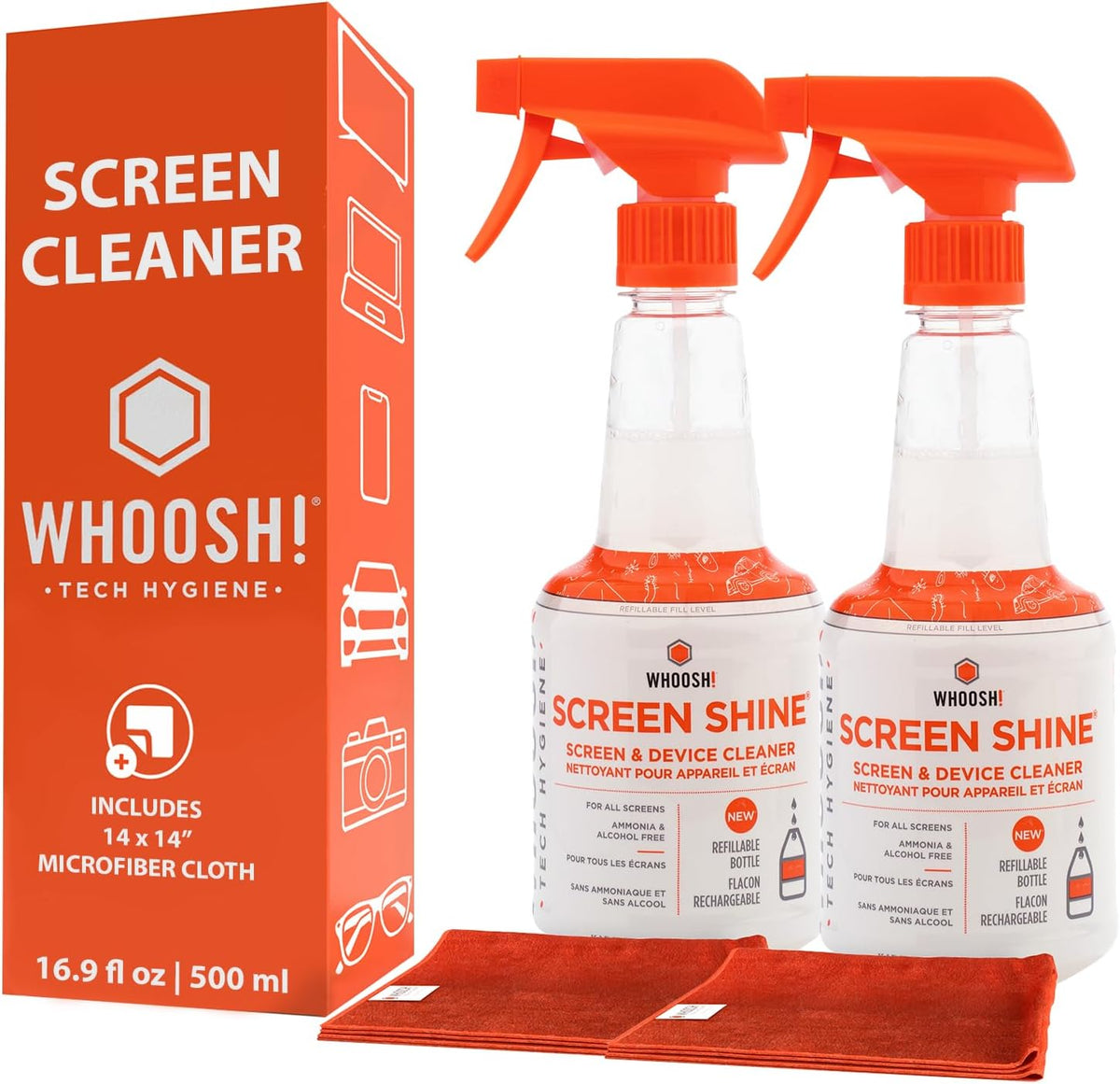 WHOOSH! Pro 16.9 fl oz Refillable TV Screen Cleaner & Microfiber Cloth (Set of 2)