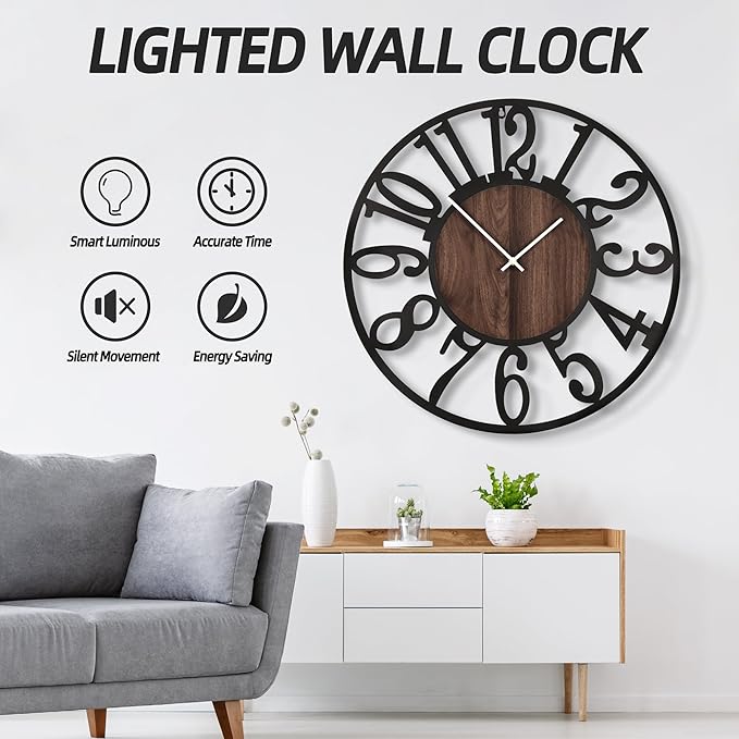 LEIKE Large Wall Clocks with Night Light Battery Operated, Silent Non Ticking