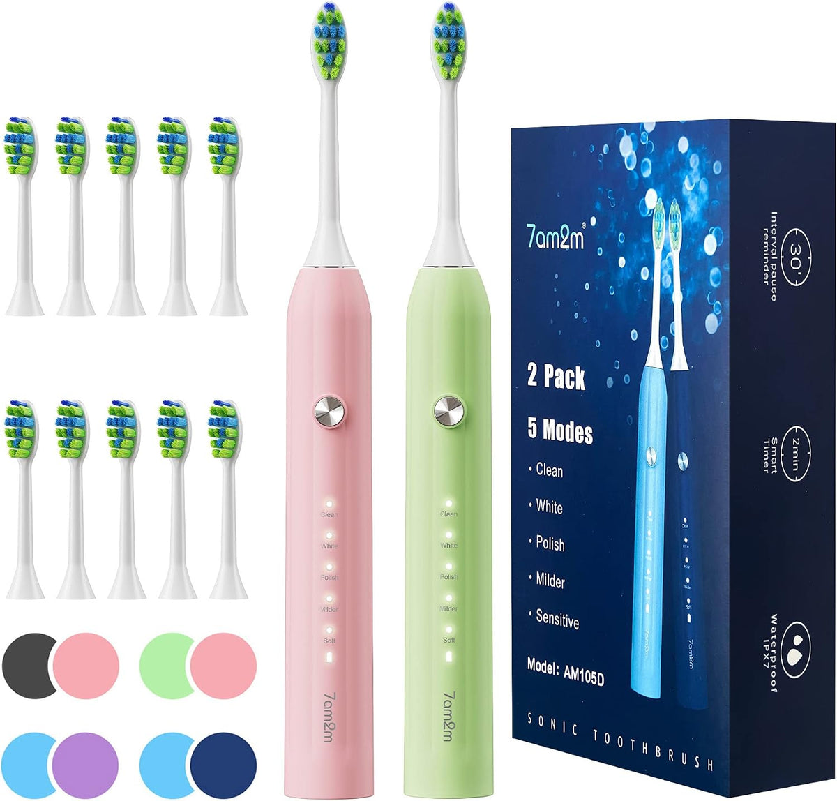 7AM2M Rechargeable Sonic Electric Toothbrush 2 Pack, Soft Toothbrushes