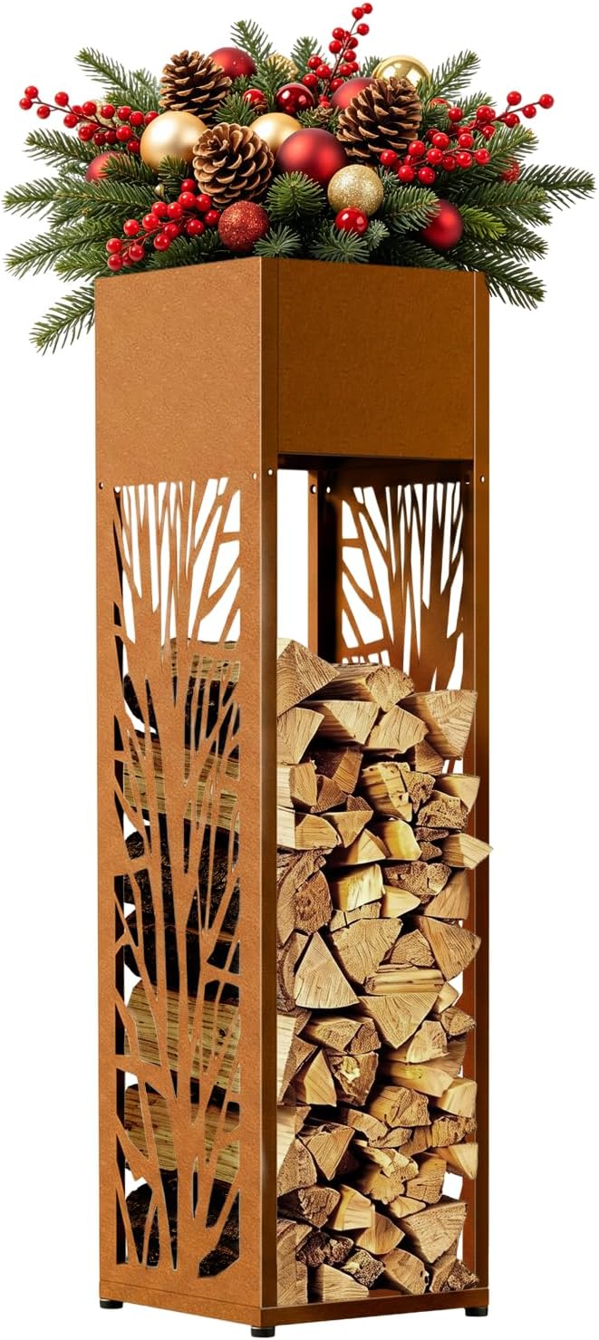 4ft Firewood Rack Outdoor, Fire Wood Log Storage with Planter Box for Indoor, Black