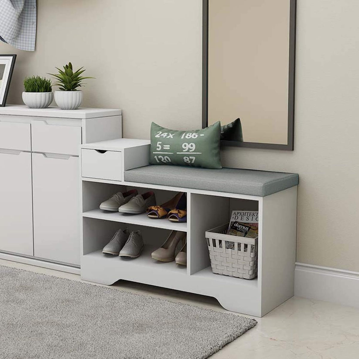 leyo shoe storage benches with cushion seating white, side view